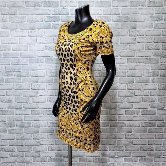 Vintage 90s Bloomingdales Womens 4P Silk Leopard Gold Filigree Mini Sheath Dress - Picture 4 of 7
